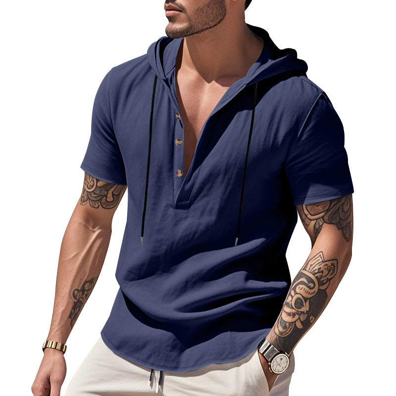 Casual Breathable Linen Hooded Henley Shirt With Short Sleeves  Men's Shirt Breathable Comfortable Spring Summer Fashion Basic Color Streetwear
