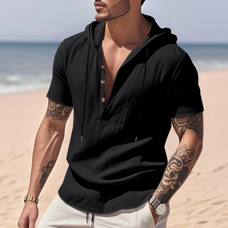 Casual Breathable Linen Hooded Henley Shirt With Short Sleeves  Men's Shirt Breathable Comfortable Spring Summer Fashion Basic Color Streetwear
